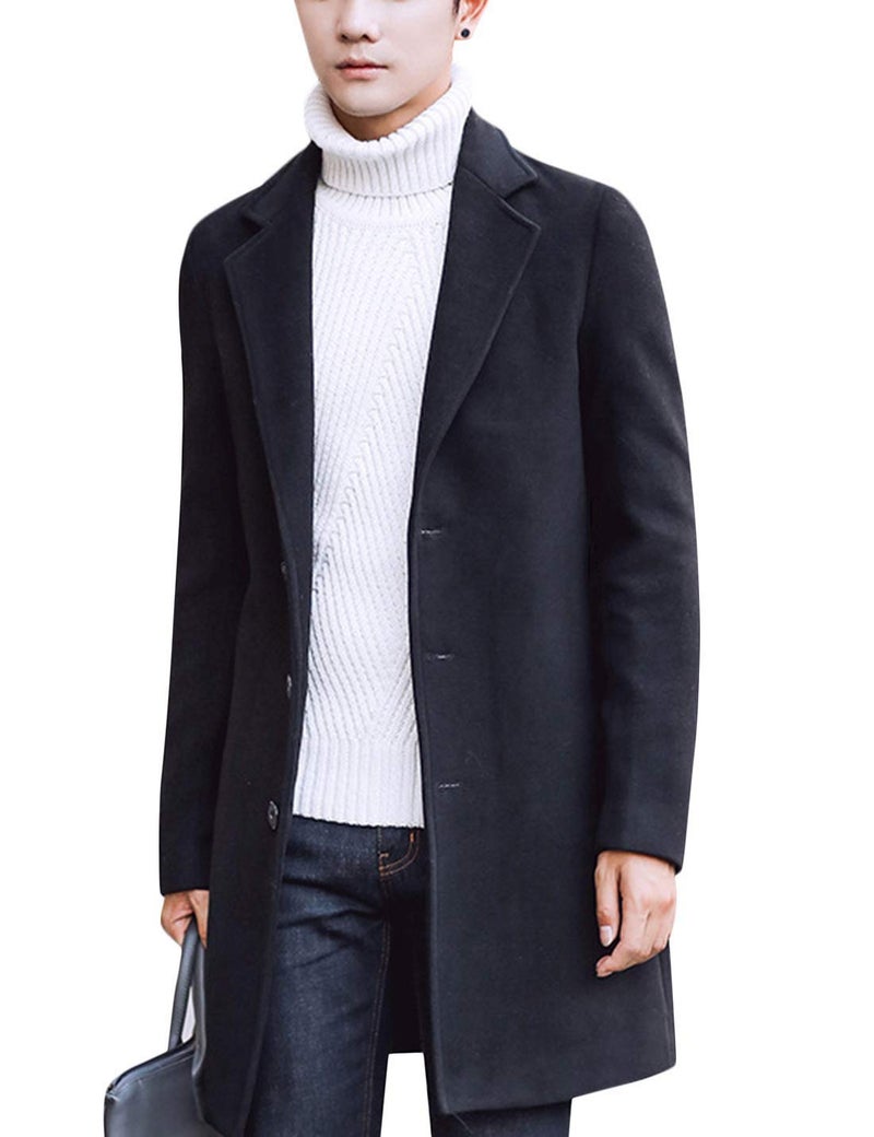 Tanming Mens Black Trench Coat Notched Lapel Single Breasted Long Peacoat Overcoat (Black-XL) - Image 2